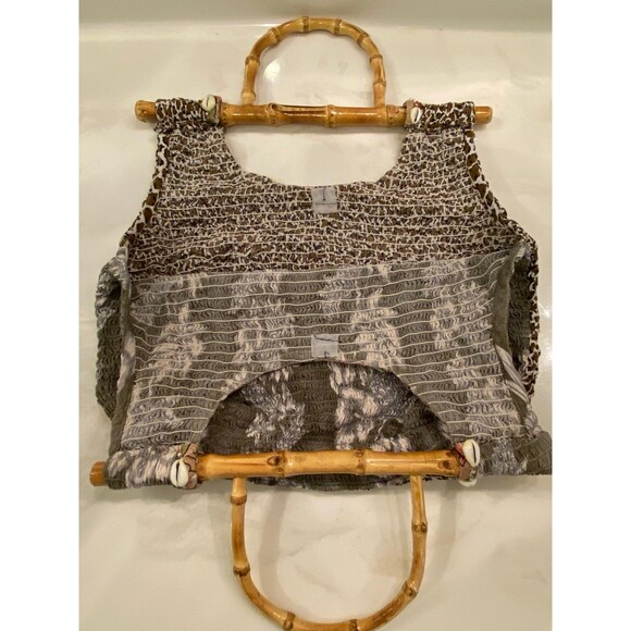 Faith by Celia Forrester Smocked Unique Boho Hipster Handbag With Bamboo Handles - Picture 5 of 12